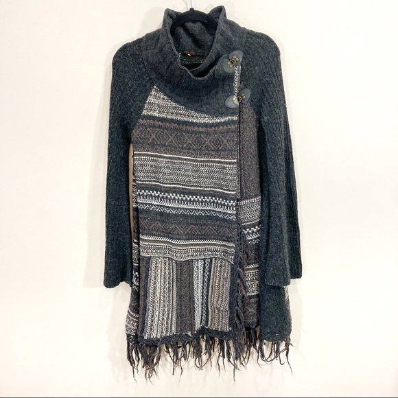 Free People Sweaters - Free People Wool Knit Long Fringe Wrap Cardigan Flare Sleeves Brown Grey Medium